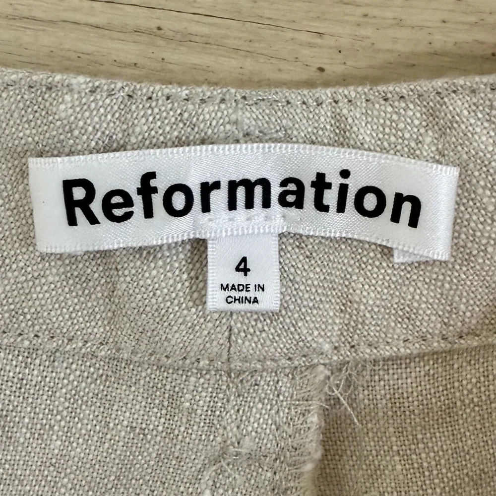 Reformation Tan Linen Straight Leg Pant